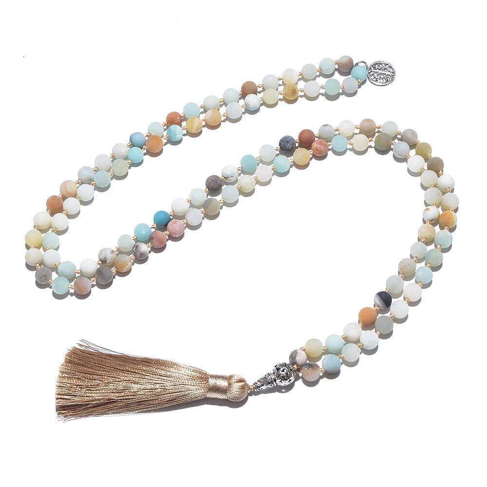 8mm Natural Mattle Amazonite Beaded Knotted 108 Mala Necklace Meditation Yoga Prayer Japamala Rosary For Men and Women H260312