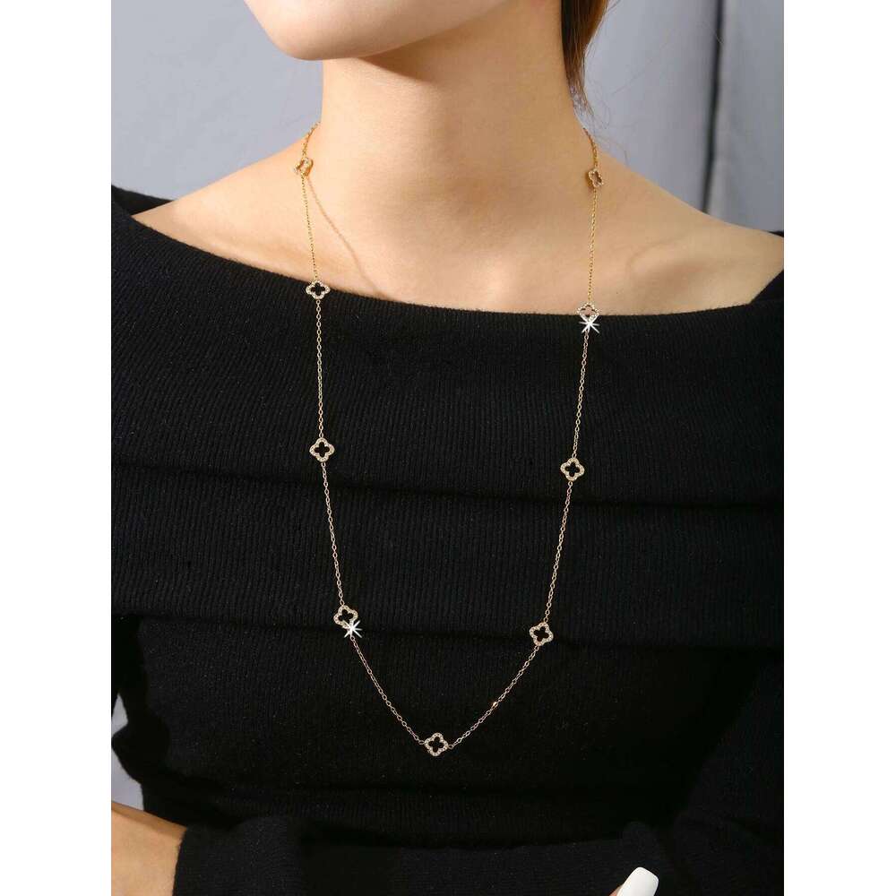 Elegant Stainless Steel 18K Gold-Plated Openwork Diamond-Studded Cr Long Necklace For Women H260312