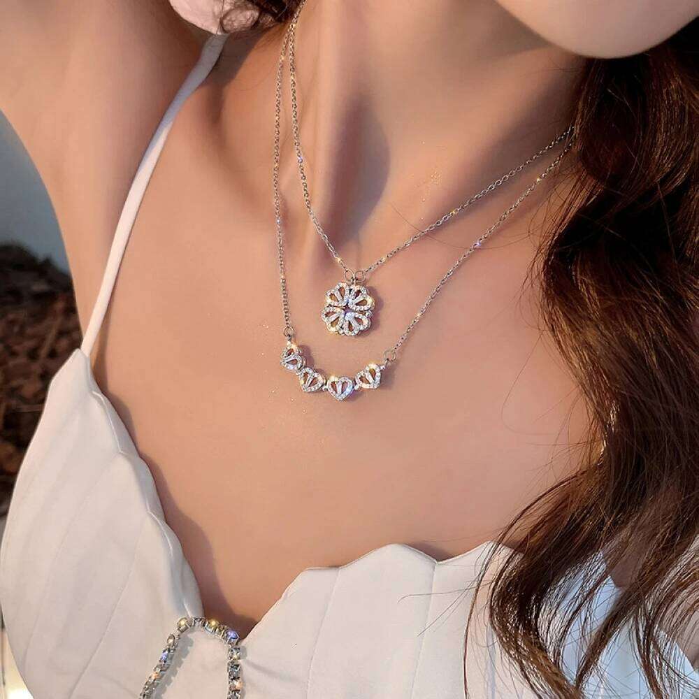 Women Titanium Steel Deformable Heart Pendant Necklace -Shape Grass Neck Jewelry Chain Drop Shipping H260312
