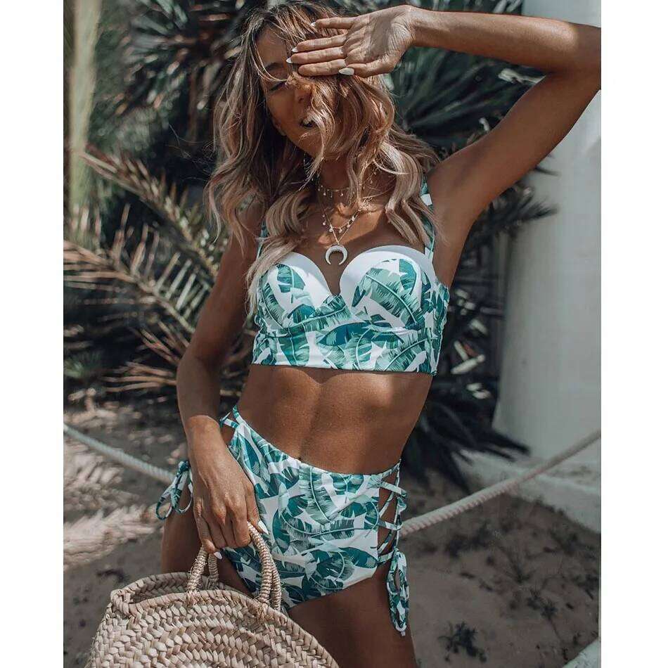 High Waist Swimwear 2025 New Leaf Print Bikinis Women Swimsuit Vintage Retro Bathing Suit Halter Biquini Maillot de bain femme Y260303