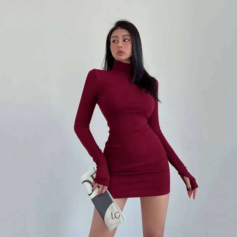 Black Half Turtleneck Mini Women Y2K Long Sleeve Sexy Slim Hip Dress Fall Winter Ladies Streetwear Party Club Vestidos Z260314