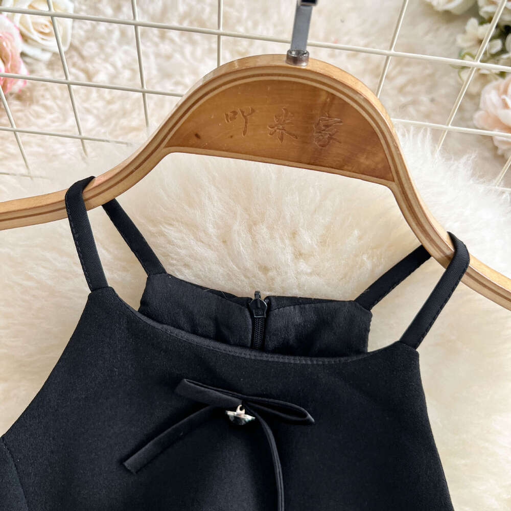 Designer European and American sweet and spicy girl backless collar summer fashion heavy bow slim fit A-line small black dress