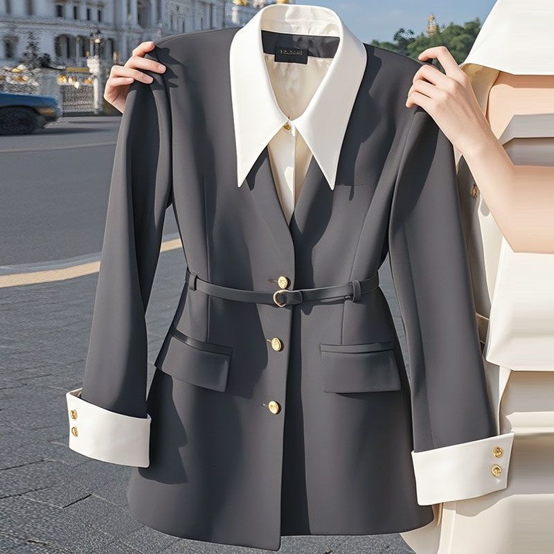 Luxury Brand Designer Clothes 2024 Early Autumn Little Style Black Fake Two-Piece Blazer Women's Niche Design Korean Style Waist-Cinching Small B