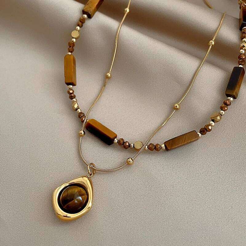 Retro Temperament Layered Tiger Eye Stone Pendant Necklace For Women Stainless steel Double-Layer Collarbone Chain Sets Jewelry H260312