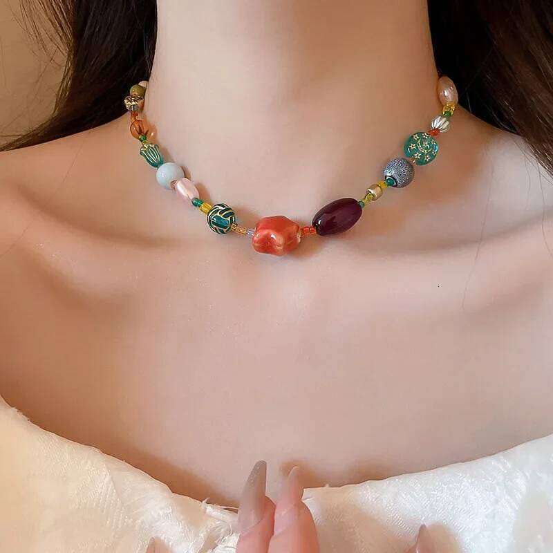 Dopamine Colorful Ceramic Glass Chokers Necklaces for Women Star Heart Ball Geometric Bead Necklace Ethnic Style Clavicle Chain H260312