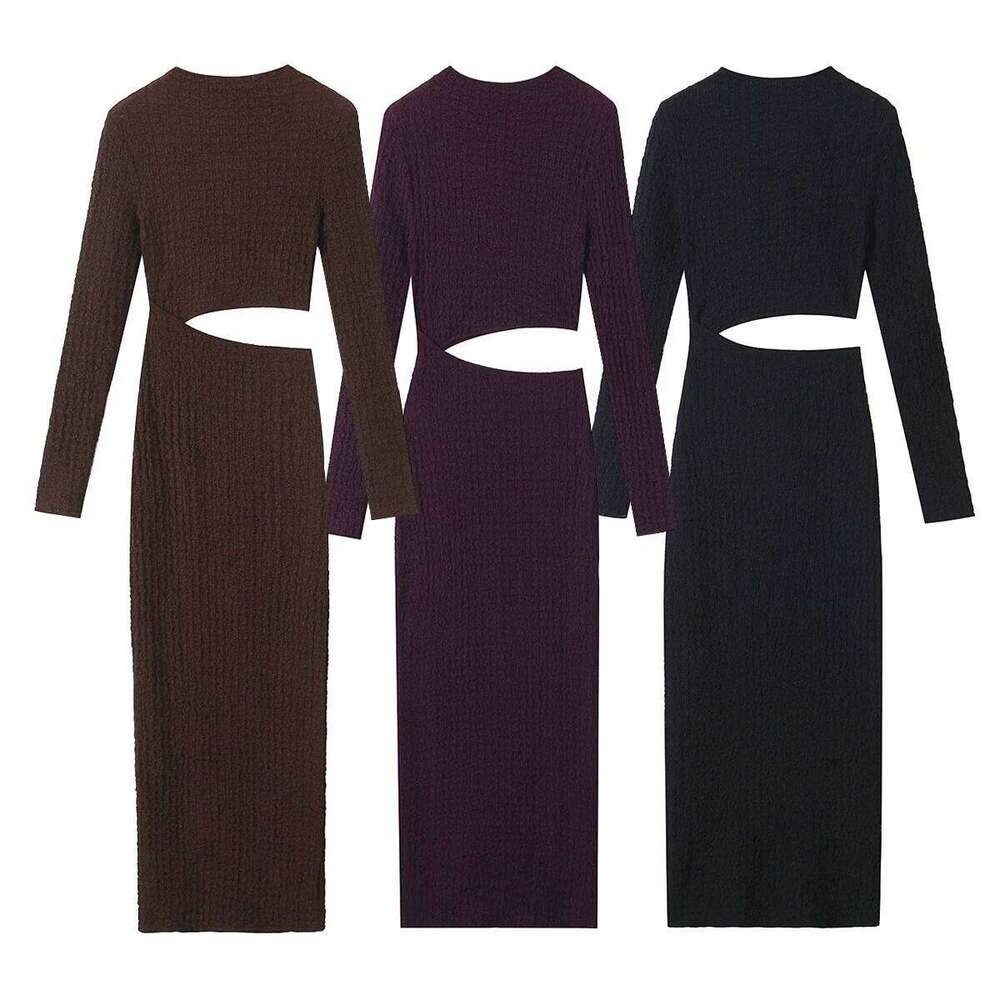 Elegant Textured Short Hollow Midi Women's Spring Solid Color Round Neck Long Sleeve Elastic Fit Dress Z260313