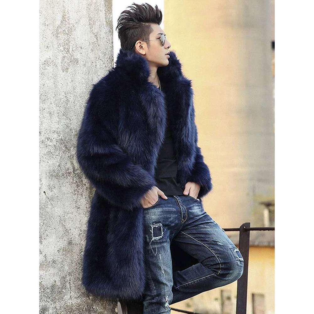 Open Stitch Solid Men Faux Thick Warm Fox Fur Outerwear Coat Jackets Turn Down Collar High Street Winter Spliced Z260313