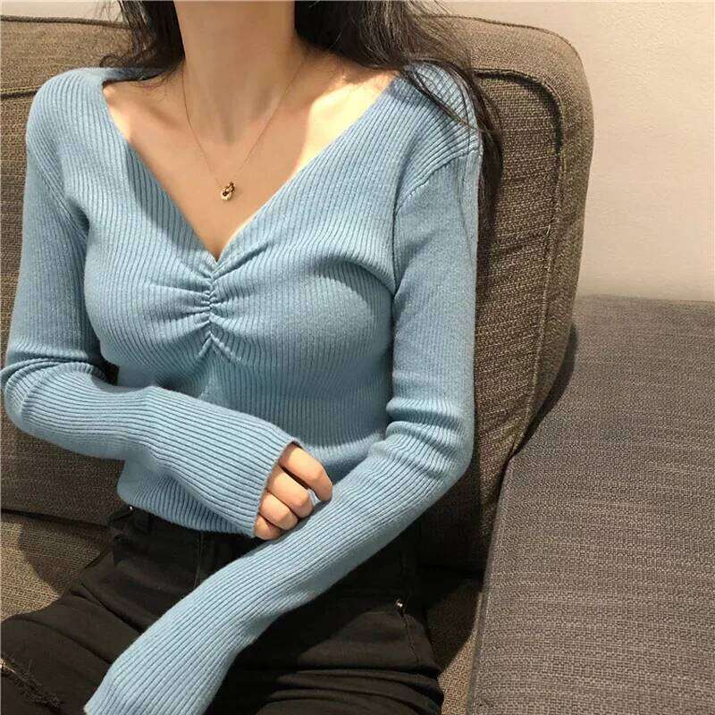 Women Sexy V Neck Sweater Autumn Knitted Pullover Jumper Chic Soft Slim Long Sleeve Female Basic Top New Winter Z260314