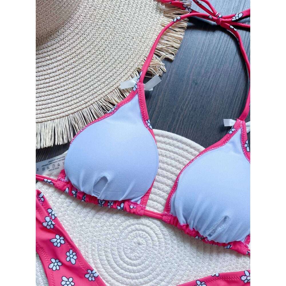 Flowers Printed Halter High Leg Cut Female Swimsuit Women Swimwear Two-pieces Bikini set Bather Bathing Suit Swim 26H0313