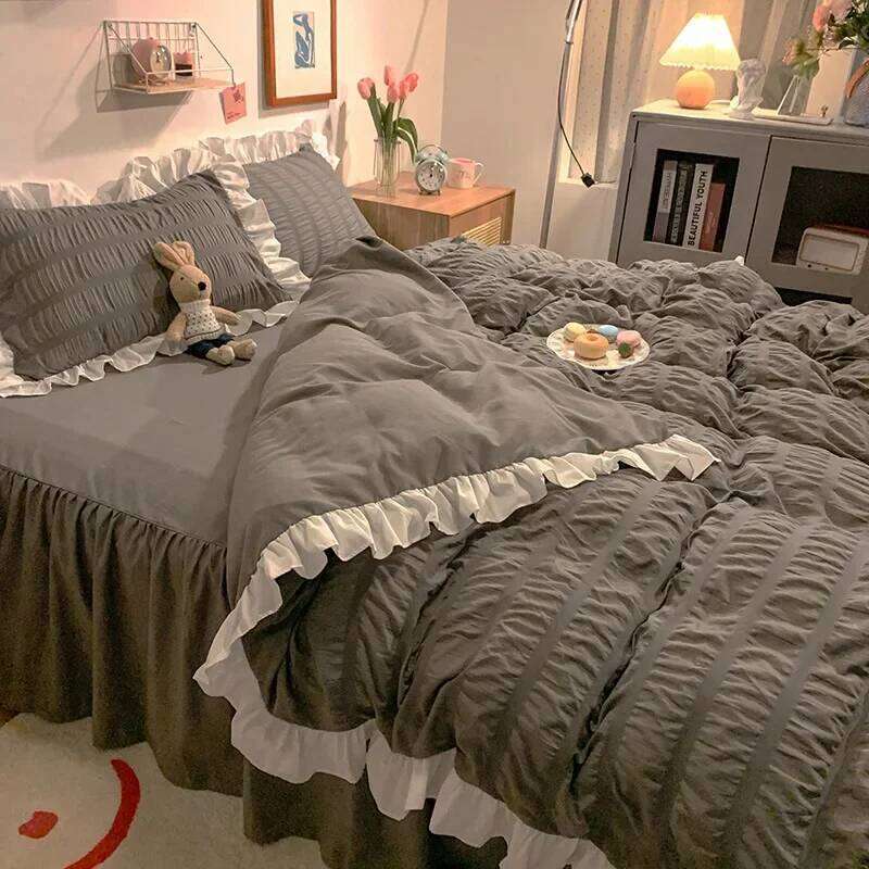 Pink Ruffled Seersucker Duvet Cover 3/4pcs Soft Lightweight Down Alternative Grey Bedding Set with Bed Skirt and Pillowcases H260312 - view 5