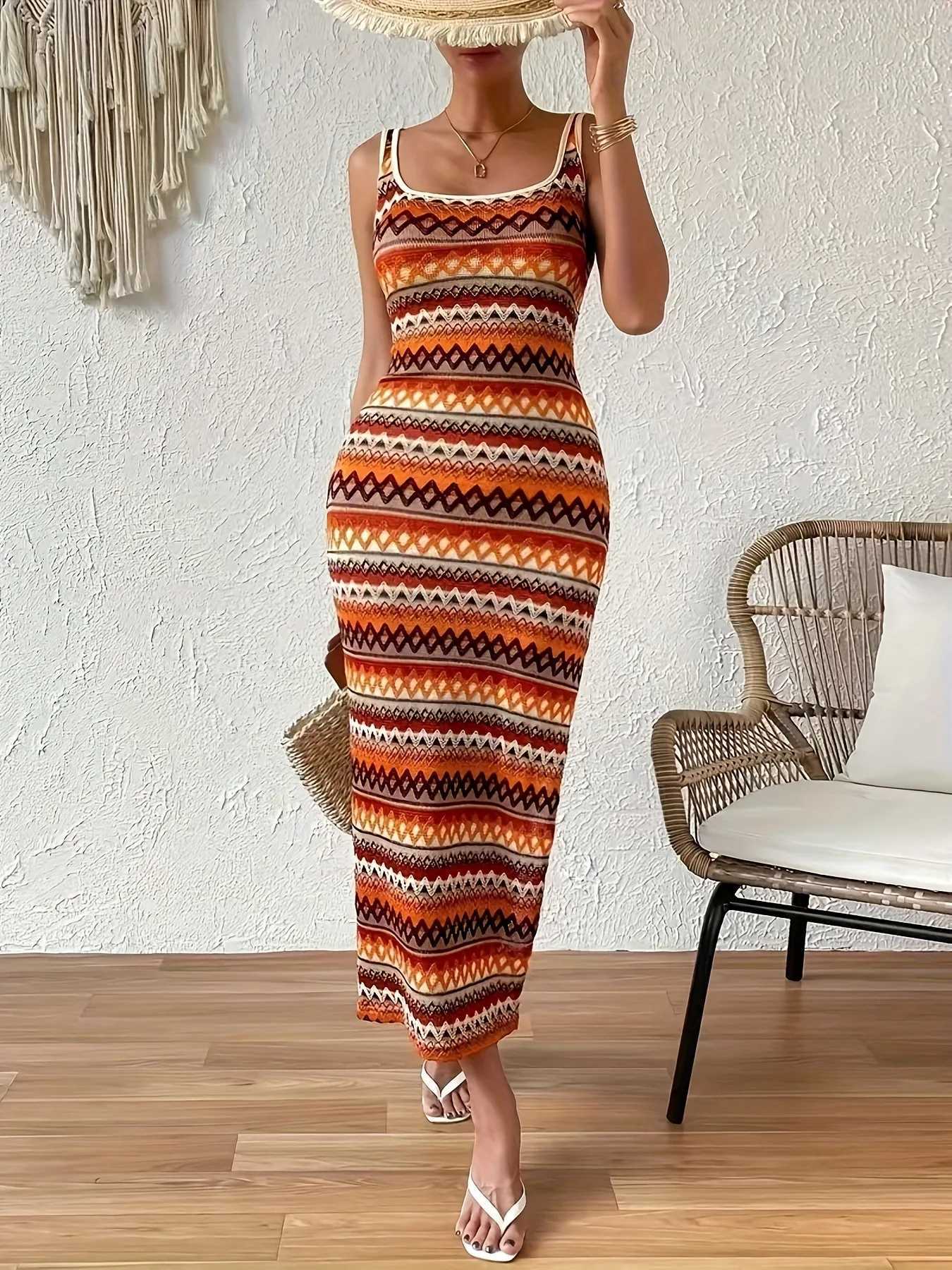 Geometric pattern tassel fashion simple dress elegant sleeveless slim dress spring and summer womenT260316