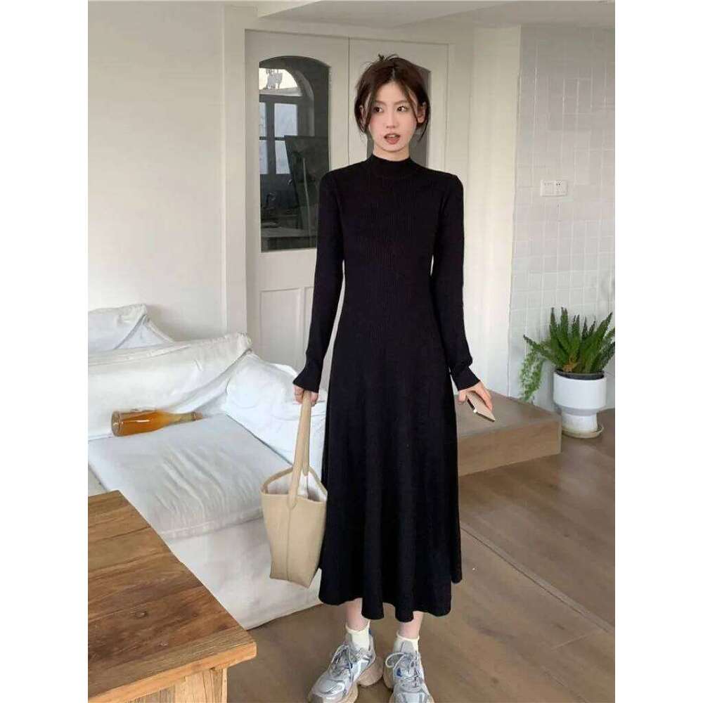 Women's Black French Mid-Calf A-Line Knit Dress Chic Semi-Turtleneck Slimming Long Sleeve Warm Layered Autumn Winter Exclusive Z260313