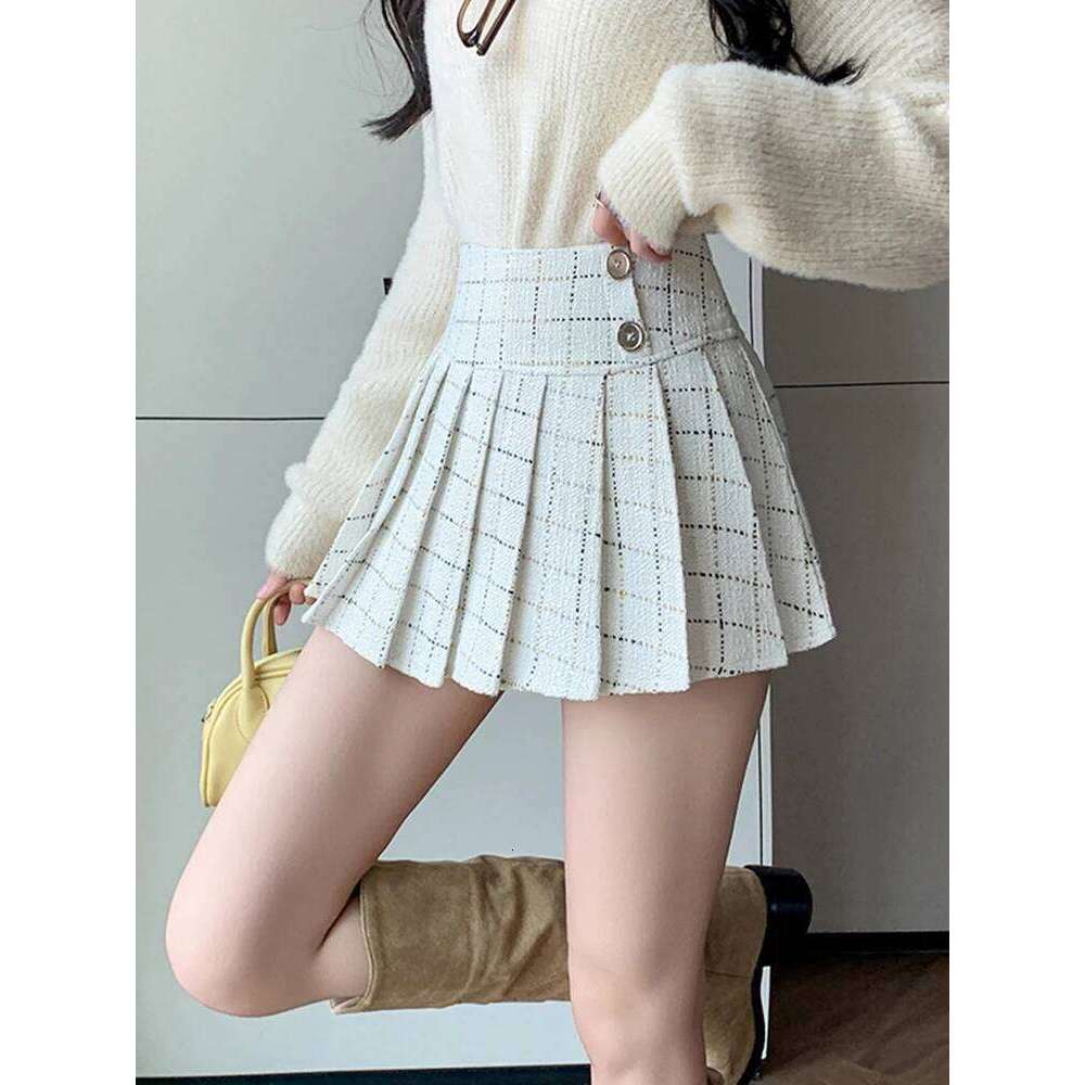 College Style Tweed Plaid Vintage Jk Mini Skirt For Women Autumn Winter Office OL Pleated Short Skirts Lady Z260314