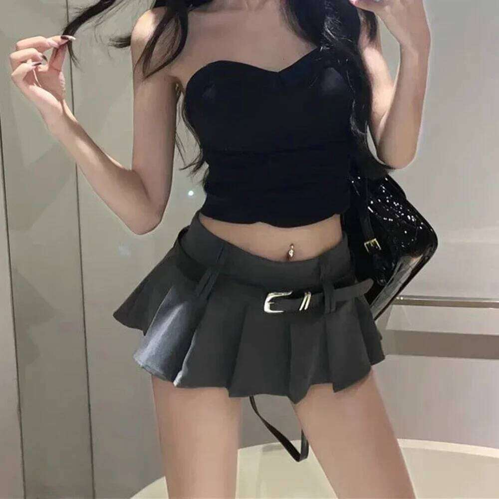 Sexy Pleated Mini Skirt With Shorts Women Korean Waist Belt Slim A-line Miniskirt Grey Black School High Street Z260314