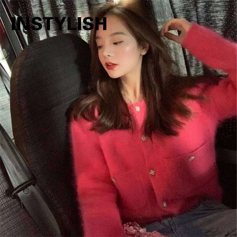 Elegant Cashmere Cropped Cardigan Knitted Sweater Coat Women Korean Harajuku Button Up Slim Cardigans Streetwear 2022 New Z260313