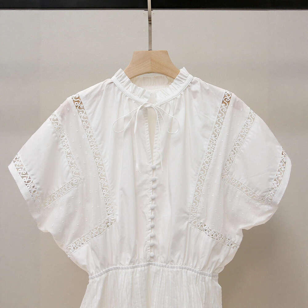2026 Spring/Autumn New Designer French White Moonlight Lace Dress with Hollow out Ruffle Short Skirt