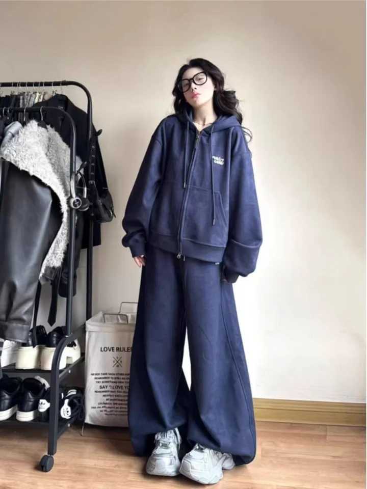 Hong Kong Style Zipper Open Cardigan Set Womens Korean Version Spring Autumn Casual Sports Hooded Two-Piece Trendy Student Wear M260313