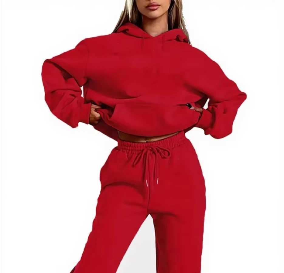 2024 Autumn/Winter New Women Fashion Trendy HoodieSports Pants Two Piece Solid Color Loose Fitness Training Jogging Set M260313