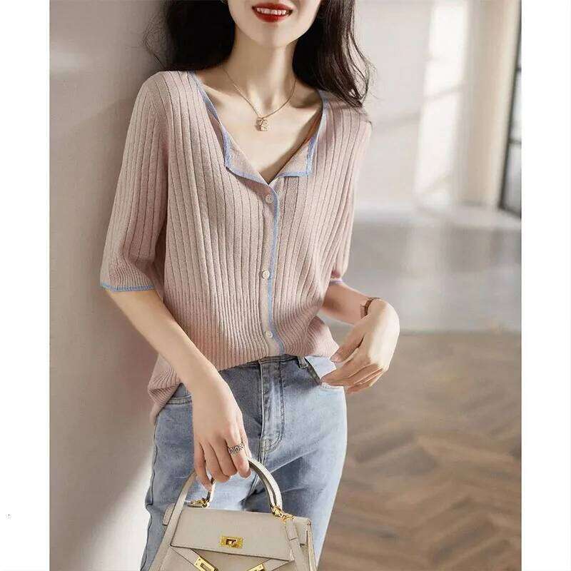 Women Clothing Fashion All-match Vertical Grain Patchwork Cardigan Summer Casual Loose V-neck Short Sleeve Top Chic Solid Tshirt Z260313