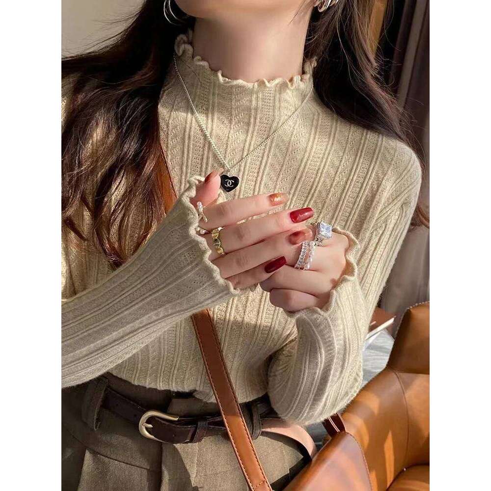 Autumn Women's Knitted Pullover Sweater Sweet Solid Ruffles Half High Neck Long Sleeved Shirt Casual Slim Fit Knitwear Z260314