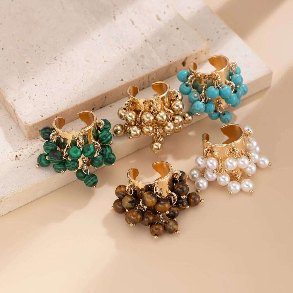 Salircon Trendy Imitation Pearl Stone CCB Small Ball Women's Man 2024 Vintage Street Punk Hip Hop Ring Female Jewelry H260312
