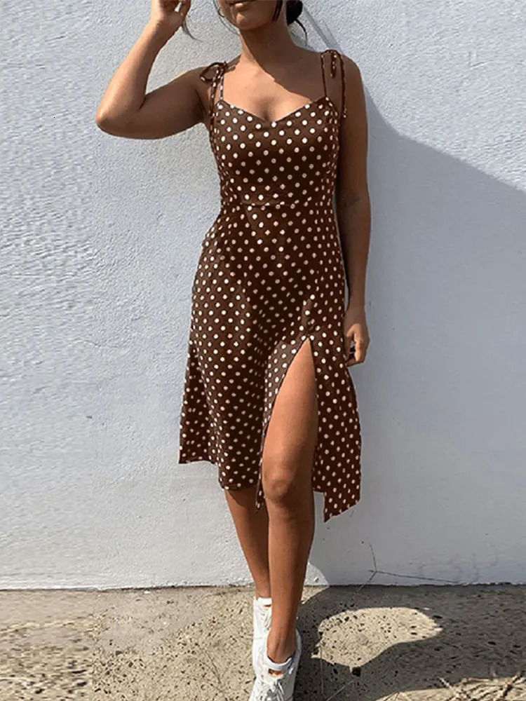 Dresses Sundress Summer Women Causal Polka Dot Sleeveless High Pleated elastic waist VNeck Beach Dress Vestidos De Verano 260313