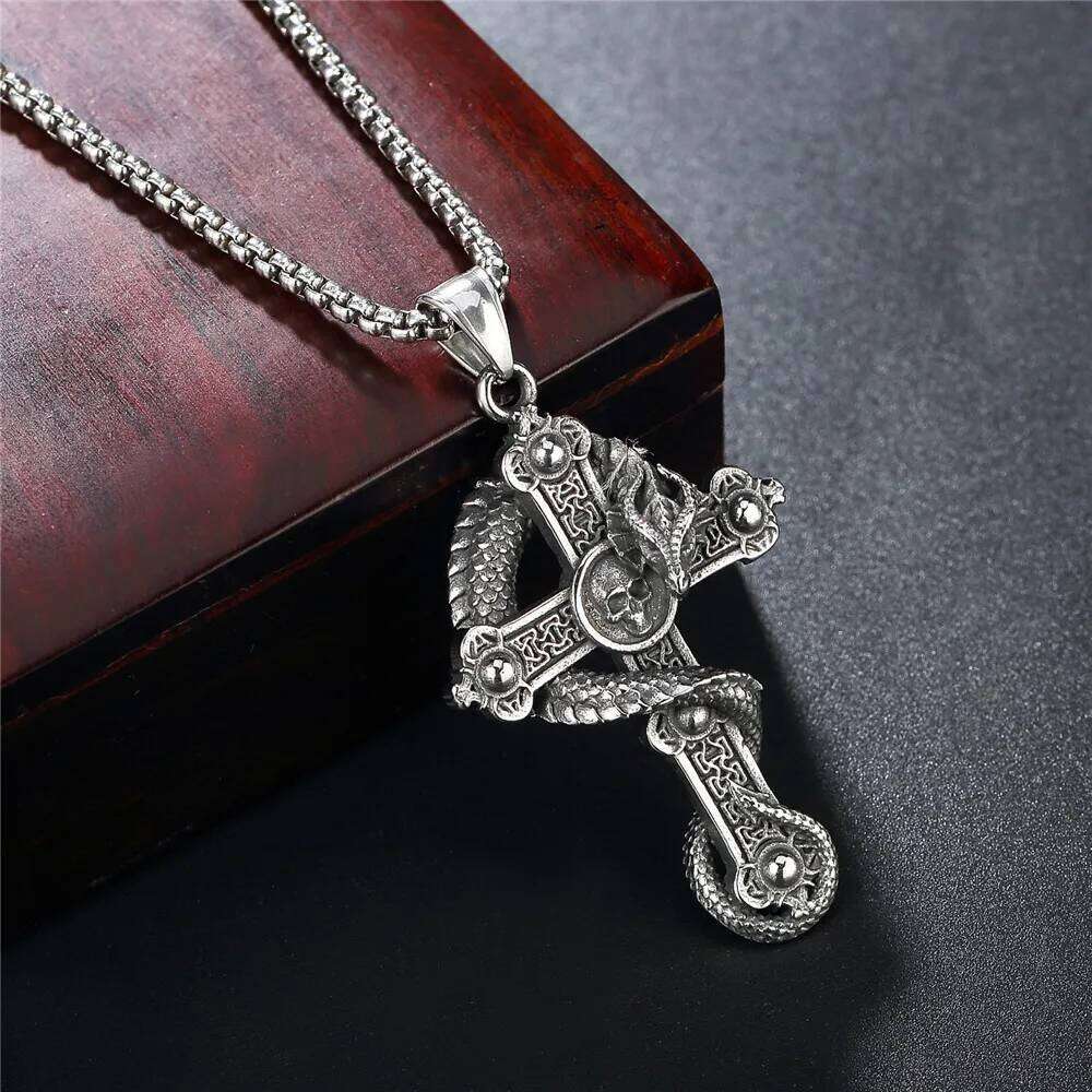 men's Necklace Entangled Dragon Cross Pendant hip-hop Punk Style Silver Color Stainless Steel Box Chain Vintage Jewelry Gifts H260312