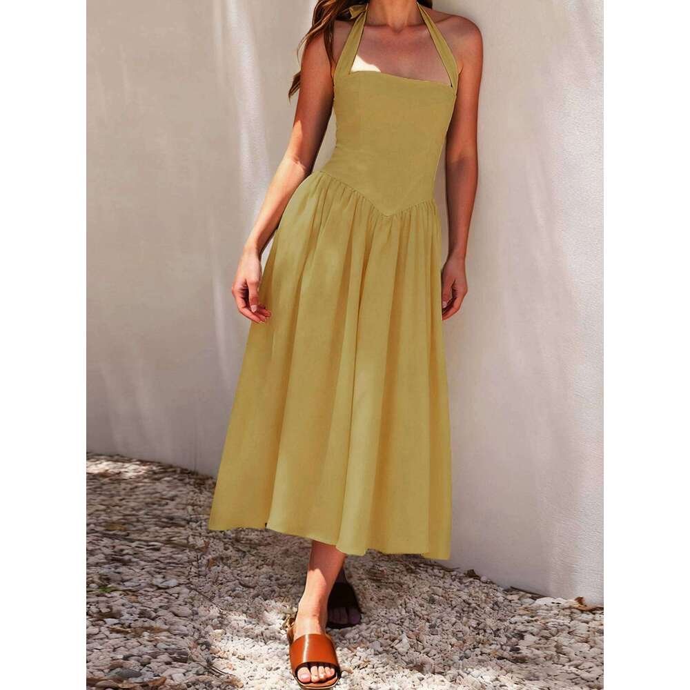 Women Halter Neck Dress Sleeveless Solid Color/Dot Print Summer Elegant A Line Dresses Z260314