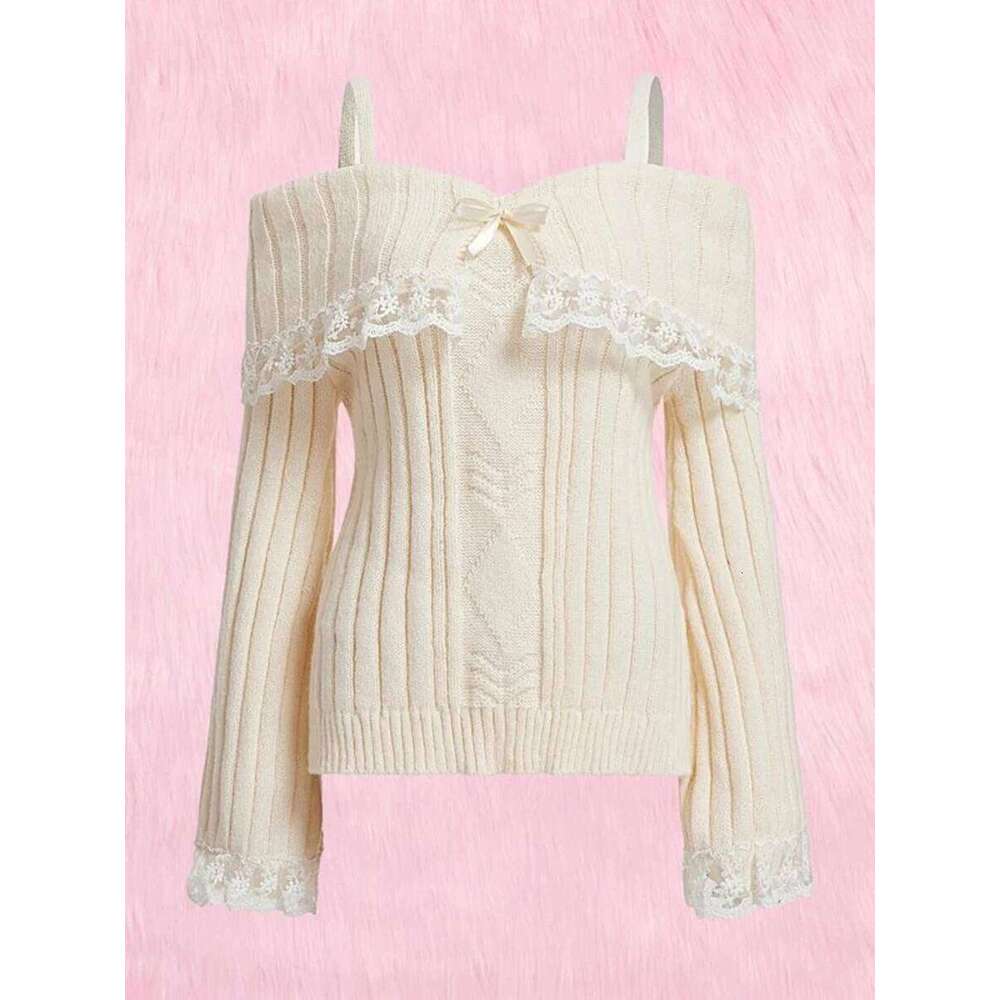 Women Long Sleeve Contrast Lace Knit Pullovers Autumn Winter Cold Shoulder Sweaters Bow Front Jumper Tops Beige/Pink Z260314