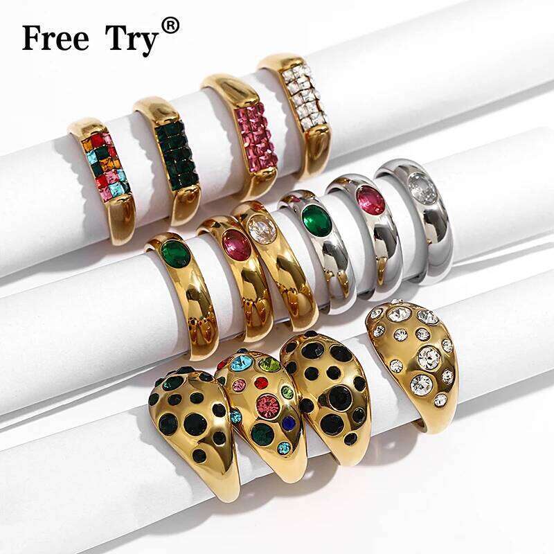 Freetry Fashion Inlaid Rhinestone Crystal Exquisite Geometric Stainless Steel Waterproof Gold Plated Ring Jewelry Gift H260312