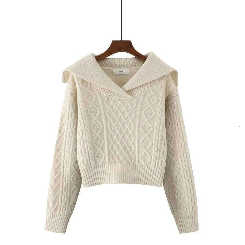 Women Casual Knit Pullover Korean Fashion Solid Long Sleeve Wide Collar Fall Winter Collection Elegant Chic Plaid Sweater Z260313