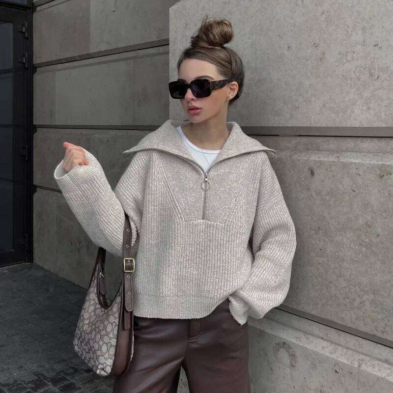 Casual Knitted Zipper Lapel Collar Long Sleeve Solid Color Pullover For Autumn Winter Women's Fashion and Versatile Sweater Z260314