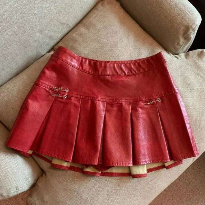 American PU Leather Pleated Women Slim High-waisted Design Mini Skirt Red Black Z260314