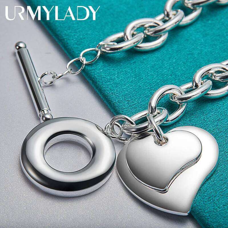 URMYLADY 925 Sterling Silver Double Heart Pendant Bracelet For Women Wedding Party Charm Jewelry Z260313