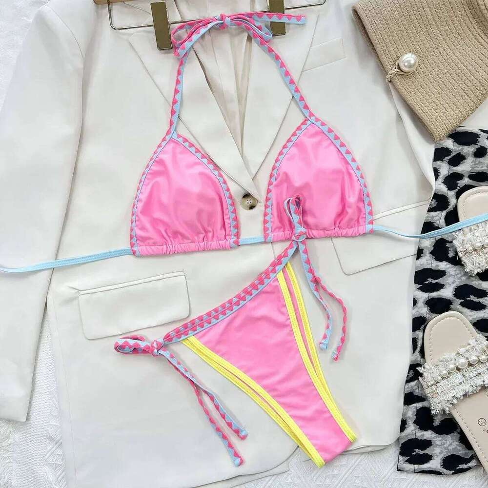 Sexy Triangle Bikini 2024 Women Two-Piece Pink Suspender Halter Push Up Micro Swimsuit Bathing Suit Thong Swimwear Y184 Y260303