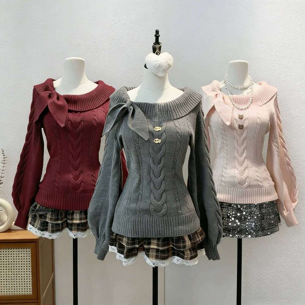 Korean Sweaters Turn-Down Collar Casual Long Sleeve Knitted Jumpers Y2K Vintage Subculture Punk Girl Women Clothing Z260314