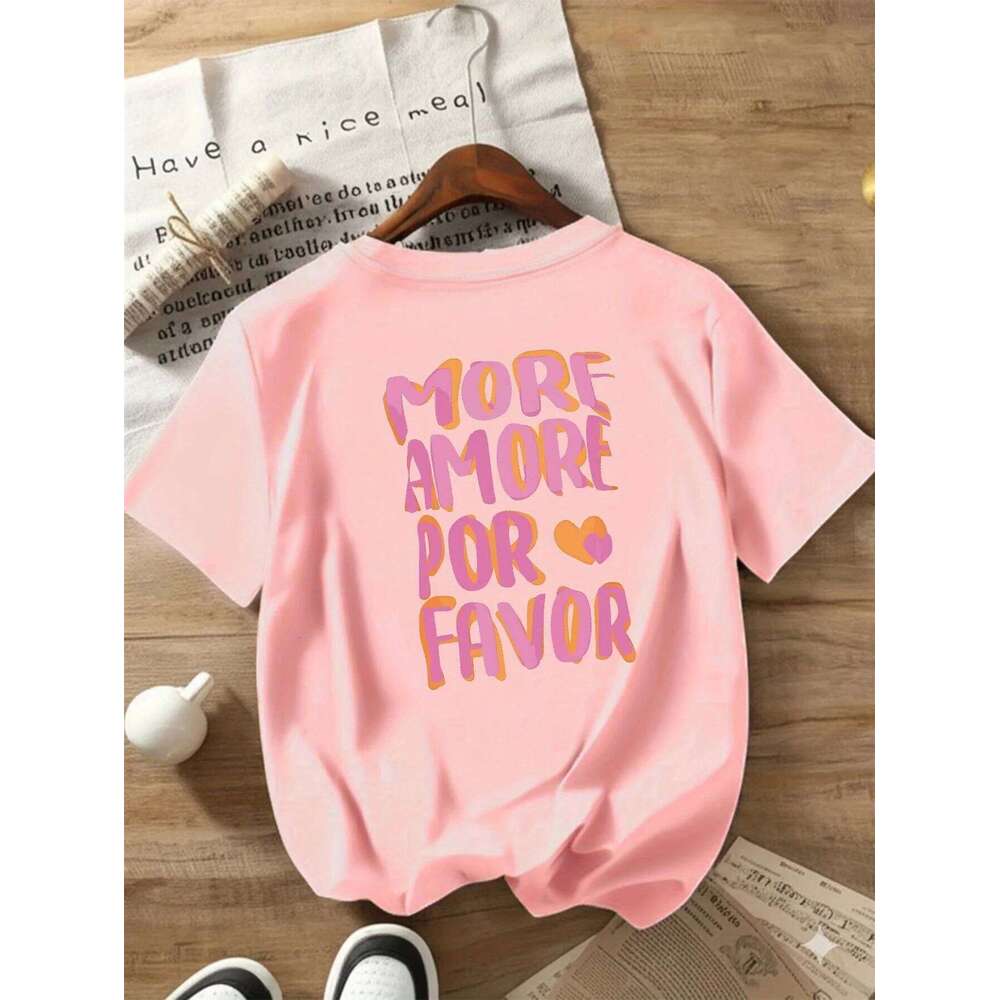 MORE AMORE POR FAVOR Women's Crew Neck T-Shirt Pink Print with Hearts Harajuku Short Sleeve Casual Z260314