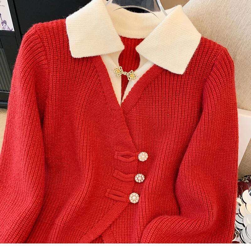 New 2025 Autumn Winter Design Splicing Slim Women Knitted Cardigan Sweater Jacket Fashion Fake Two Items Loose Ladies Top Z260313
