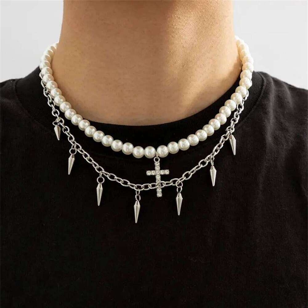 Punk Pearl Beads Chain Spikes Cross Pendant Men Hiphop Layered Stainless Steel Choker Necklace Set New Fashion Jewelry H260312