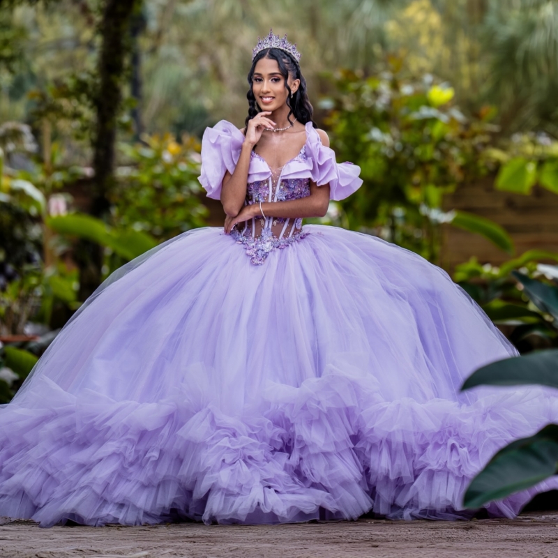 Lavender Shiny Ball Gown Quinceanera Dresses 2026 Applique Lace Beading Crystal Tiered Tull Off Shoulder Sweet 16 Dress Years Vestidos 15 De XV Anos