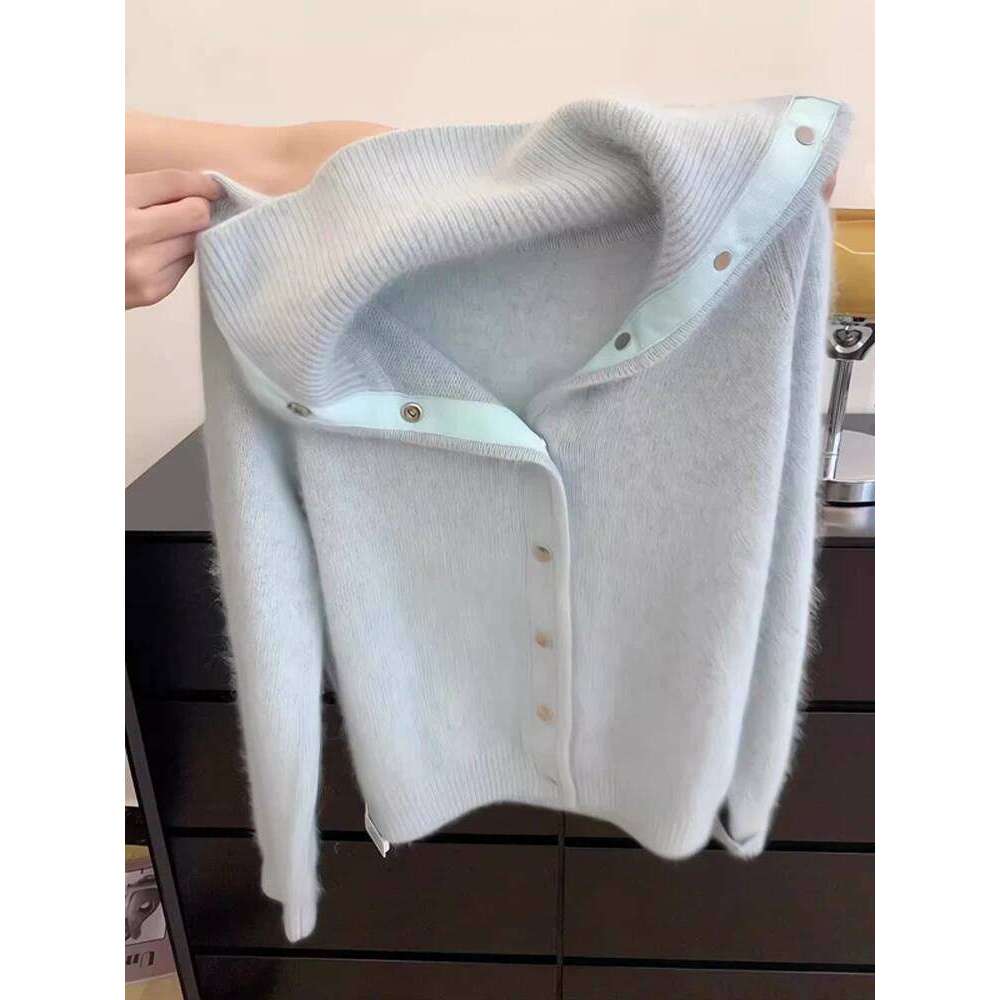 Women New Turn-down Blue Sweater Single Row Concealed Buckle Style Autumn Winter Soft Solid High Collar Knitted Cardigan Z260313