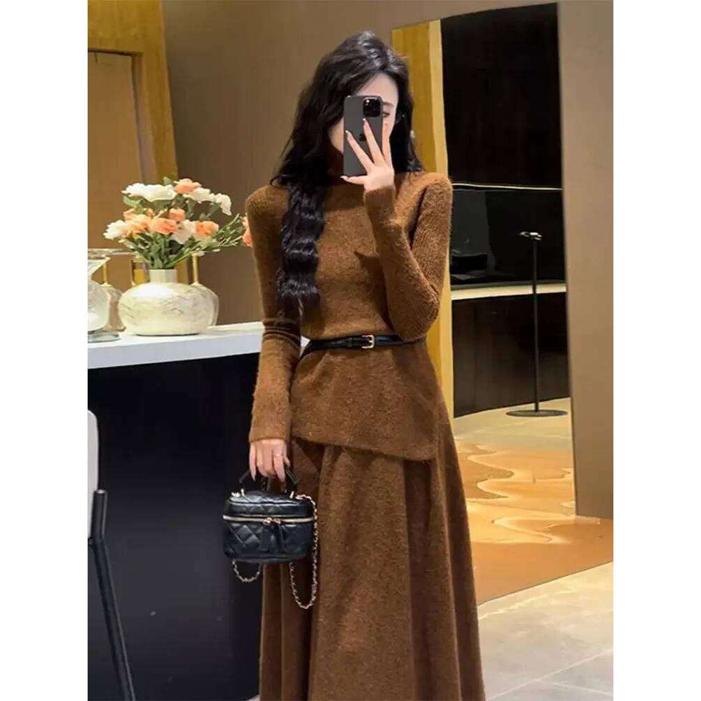 Female Knit Dress Retro Maxi Evening Turtleneck Robe Women's Crochet Dresses Grey Long Basic Youthful Elegant Pretty Luxury New Z260313