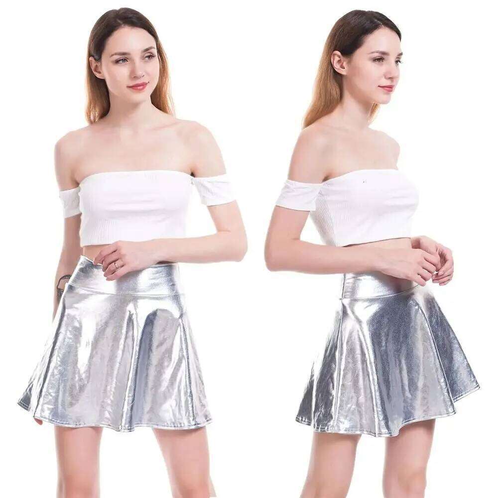 Elegant Metallic Pleated Gold Silver Retro A-line Elastic Flared Design Girls Short Mini Skirt Daily Wear Z260314