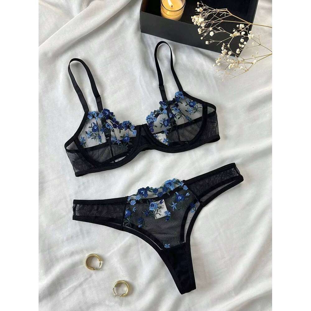 Erotic Embroidery Blue floral fragments Lace Babydoll Sensual Lingerie Bra For Women Underwear Intimate Sexi Panty Set 2024