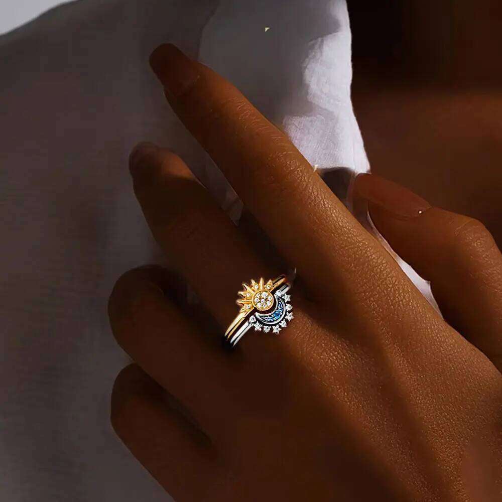 YILUOCD 925 Sterling Silver Sun and Moon Ring Set for Women Sparkling Cubic Zirconia Stackable Rings Promise Couple Fine Jewelry H260312