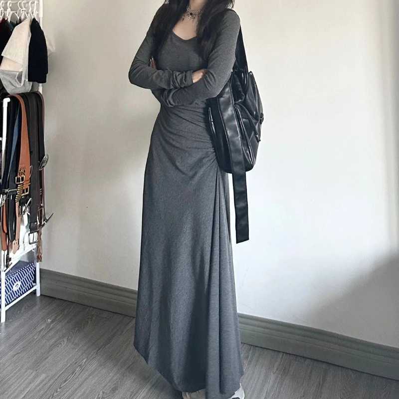 Irregular Y2k Long Dress Women High Waisted Sleeve Solid Basics Elegant Korean Fashion Streetwear Minimalist Sexy VintageT260314