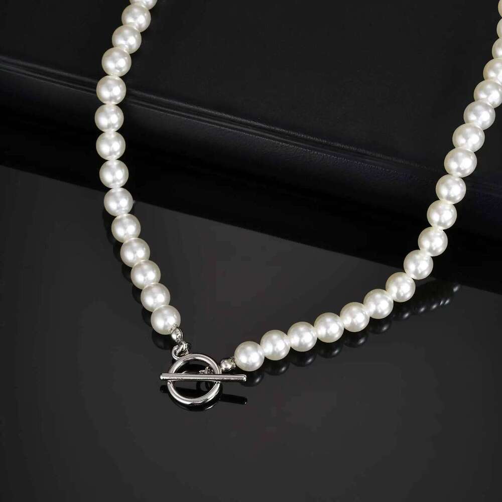 Fashion Metal OT Buckle Imitation Pearl Necklace for Men Women, Light Handmade Beads Neck Chain Jewelry Unisex H260312