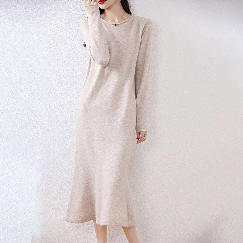 Elegant 100% Women Long Sleeve Curl O-neck Wool Knit Mermaid Sweater Skirt Spring Autumn Winter Fashion Female Dress Z260314