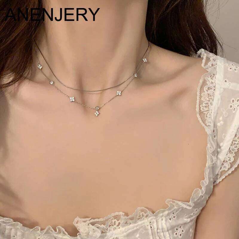 ANENJERY Double Layer Flower Necklace for Women Delicate Design Clavicle Chain Jewelry Wholesale H260312