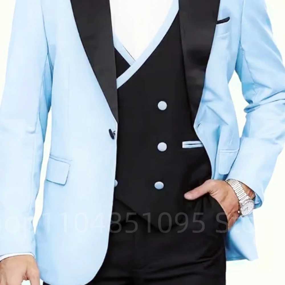 Blue 3 Piece Mens Wedding Suits Casual Groomsmen Bridegroom Tuxedo Blazer Jacket Vest Pants Set for Homme M260313